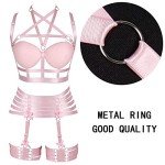 PETM•HS Womens Strappy Full Cage Body Harness Lingerie Garter Belt Set Elastic Hollow Tops Bralette Punk Gothic Festival Rave Wear (Pink)