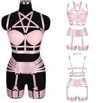 PETM•HS Womens Strappy Full Cage Body Harness Lingerie Garter Belt Set Elastic Hollow Tops Bralette Punk Gothic Festival Rave Wear (Pink)