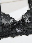 Aimedalis Sexy Floral Embroidery Mesh Sheer Underwire Push Up Garter Belt Women's Sexy Lingerie Set 3 Piece, Black, S