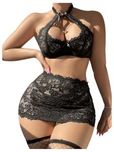 SOLY HUX Women's 5 Piece Lingerie Lace Sheer Cut Out Underwire Bra and Panty Set with Stockings, Plain Black, Medium