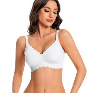 ANGOOL Seamless Bras for Women Wire Free Push Up V Neck Padded Bralette Soft Support Full Coverage Comfort Women Bra, White, L