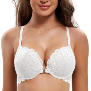 Deyllo Women's Front Closure Bras Lace Racerback Padded Push Up Bra Underwire Plunge(White,36C)
