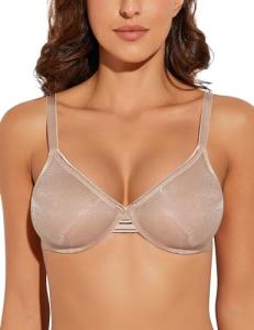 Deyllo Women's Sheer Mesh Lace Unlined Underwire Bra Sexy See-Through Demi Bralette(Almond Kiss,36C)