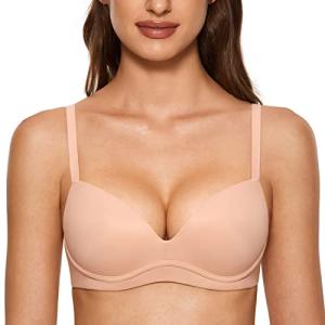 DOBREVA Women's Push Up Bra No Underwire Comfortable Wireless Bras Padded Plunge Blush Beige 36C