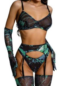popiv Women Garter Belts and Stocking Sets Sexy Lace Mesh Lingerie Matching Bra and Panty Sets 5Pcs, Black Tie Dye, Medium