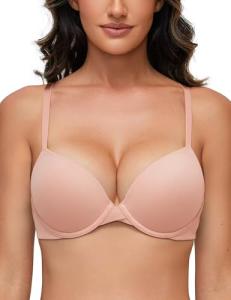Deyllo Women's Push Up Bra Padded Underwire T-Shirt Smooth Plunge Deep V Lift Up Add One Cup(Light Pink,36A)