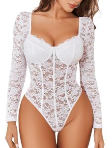 Avidlove White Lace Thong Bodysuit for Women