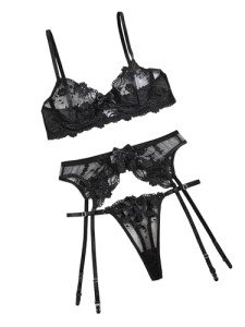 Aimedalis Sexy Floral Embroidery Mesh Sheer Underwire Push Up Garter Belt Women's Sexy Lingerie Set 3 Piece, Black, S