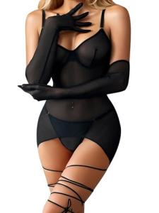 popiv Women Sexy Lingerie Set Sheer Mesh Lace Bodysuit Teddy Lingerie with Leg Wraps, Black, Medium