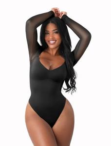Black Long Sleeve Mesh Bodysuit for Women