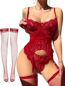 Wine Red Lace-Up Corset Bodysuit Set for Women