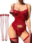Wine Red Lace-Up Corset Bodysuit Set for Women