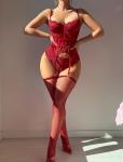 Wine Red Lace-Up Corset Bodysuit Set for Women