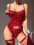Wine Red Lace-Up Corset Bodysuit Set for Women