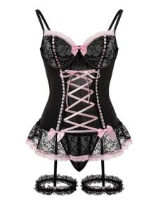 Sexy Black Mesh Corset & Garter Lingerie Set