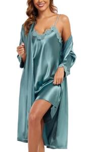 Silk Robe and Camisole Set in Blue Green