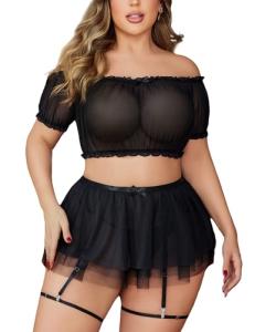 Avidlove Plus Size Black Mesh Lingerie Set