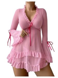 Pink Sheer Mesh Babydoll Lingerie Set with Thong