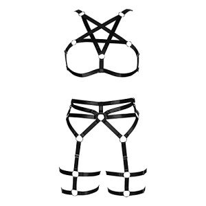 PETMHS Women's Punk Body Harness Lingerie Full Waist Garter Belts Set Strappy Frame Cage Rave bras, Black 83+67, One Size