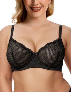 Wingslove Plus Size Mesh Lace Bras - Underwire Minimizer Bra for Women Unlined Sheer Bralette See Through 38G Deep Black
