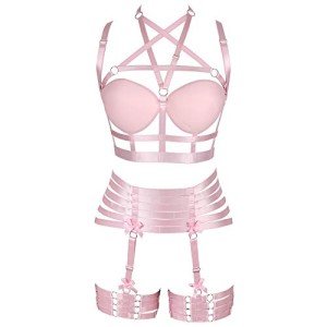 PETM•HS Womens Strappy Full Cage Body Harness Lingerie Garter Belt Set Elastic Hollow Tops Bralette Punk Gothic Festival Rave Wear (Pink)