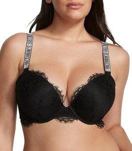 Victoria's Secret Very Sexy Shine Strap Push Up Bra, Adds One Cup Size, Plunge Neckline, Bras for Women, Black Lace, 38DD
