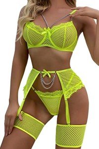 Aranmei Women’s Sexy Eyelash Fishnet Lingerie Set Chain Babydoll Underwire Bra and Panty Sets with Garter Belt 4 Pieces, Neon Green, S