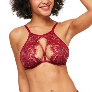 Adore Me Emmeline Unlined Underwire Bra - 30A-38DD High-Neck Lace Bra for Women with Stud Detail & Adjustable Straps, Dark Red, 36C