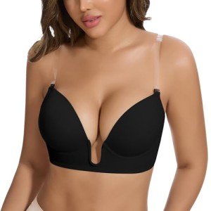 JOYSHAPER Plunge Bra for Women Backless Push Up Bras Low Cut Padded Bras Shaper Convertible with Clear Straps Dress Bra Black L