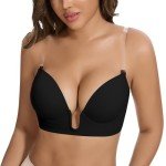 JOYSHAPER Plunge Bra for Women Backless Push Up Bras Low Cut Padded Bras Shaper Convertible with Clear Straps Dress Bra Black L
