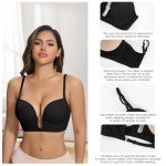 JOYSHAPER Plunge Bra for Women Backless Push Up Bras Low Cut Padded Bras Shaper Convertible with Clear Straps Dress Bra Black L