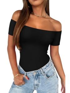 Off the Shoulder Black Thong Bodysuit for Women