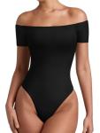 Off the Shoulder Black Thong Bodysuit for Women