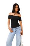 Off the Shoulder Black Thong Bodysuit for Women