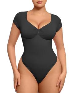 FeelinGirl Black V Neck Bodysuit for Women