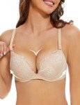 Upushall Padded Push Up Bras for Women V Neck T-Shirt Lace Brassiere with Underwire Support Uplift Bra Add Cup Size Nude 38C