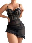 Foxiny Sheer Lace Ruffle Corset Babydoll Set