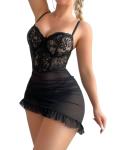 Foxiny Sheer Lace Ruffle Corset Babydoll Set