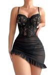 Foxiny Sheer Lace Ruffle Corset Babydoll Set