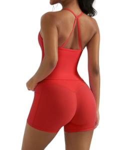 OMKAGI Red Padded Sports Bra and Gym Shorts Set