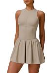 Womens Tennis Dress Zipper Yoga Athletic Dresses for Women Slim Fit A-line Hem Mini Golf Dress with Built-in Bras & Shorts Sports Summer Active Exercise Workout Dress with Pockets Khaki M