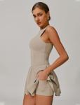 Womens Tennis Dress Zipper Yoga Athletic Dresses for Women Slim Fit A-line Hem Mini Golf Dress with Built-in Bras & Shorts Sports Summer Active Exercise Workout Dress with Pockets Khaki M