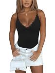REORIA Women's Sexy V Neck Lace Backless Bodysuits Trendy Sleeveless Double Lined Thong Y2K Going Out Strap Tank Tops 2025 Summer Tops Club Concert Wedding Outfits (Black Medium)