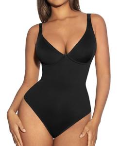 FeelinGirl Black Bodysuits for Women Tummy control Thong Shape wear Body suit Sexy V Neck Body Suit Corset Top, XL