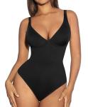 FeelinGirl Black Bodysuits for Women Tummy control Thong Shape wear Body suit Sexy V Neck Body Suit Corset Top, XL