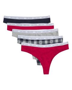 Tommy Hilfiger Womens Classic Cotton Thong Underwear with Logo Waistband 5-Pack, TH Buffalo Plaid x Heather Grey/Tango Red/Sky Captain/Heather Grey/Bouquet Tango Red, Medium