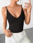 REORIA Women's Sexy V Neck Lace Backless Bodysuits Trendy Sleeveless Double Lined Thong Y2K Going Out Strap Tank Tops 2025 Summer Tops Club Concert Wedding Outfits (Black Medium)