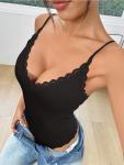 REORIA Women's Sexy V Neck Lace Backless Bodysuits Trendy Sleeveless Double Lined Thong Y2K Going Out Strap Tank Tops 2025 Summer Tops Club Concert Wedding Outfits (Black Medium)