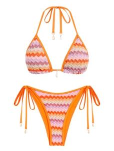 ZAFUL Women's Colorblock Stripes Triangle Halter Tied Cheeky Thong Bikini Set High Cut Two Piece Bathing Suit (2-Orange, M)