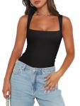 REORIA Womens Summer Sexy Sleeveless Square Neck Double Lined Going Out Cute Thong Bodysuit Tank Tops Black Medium